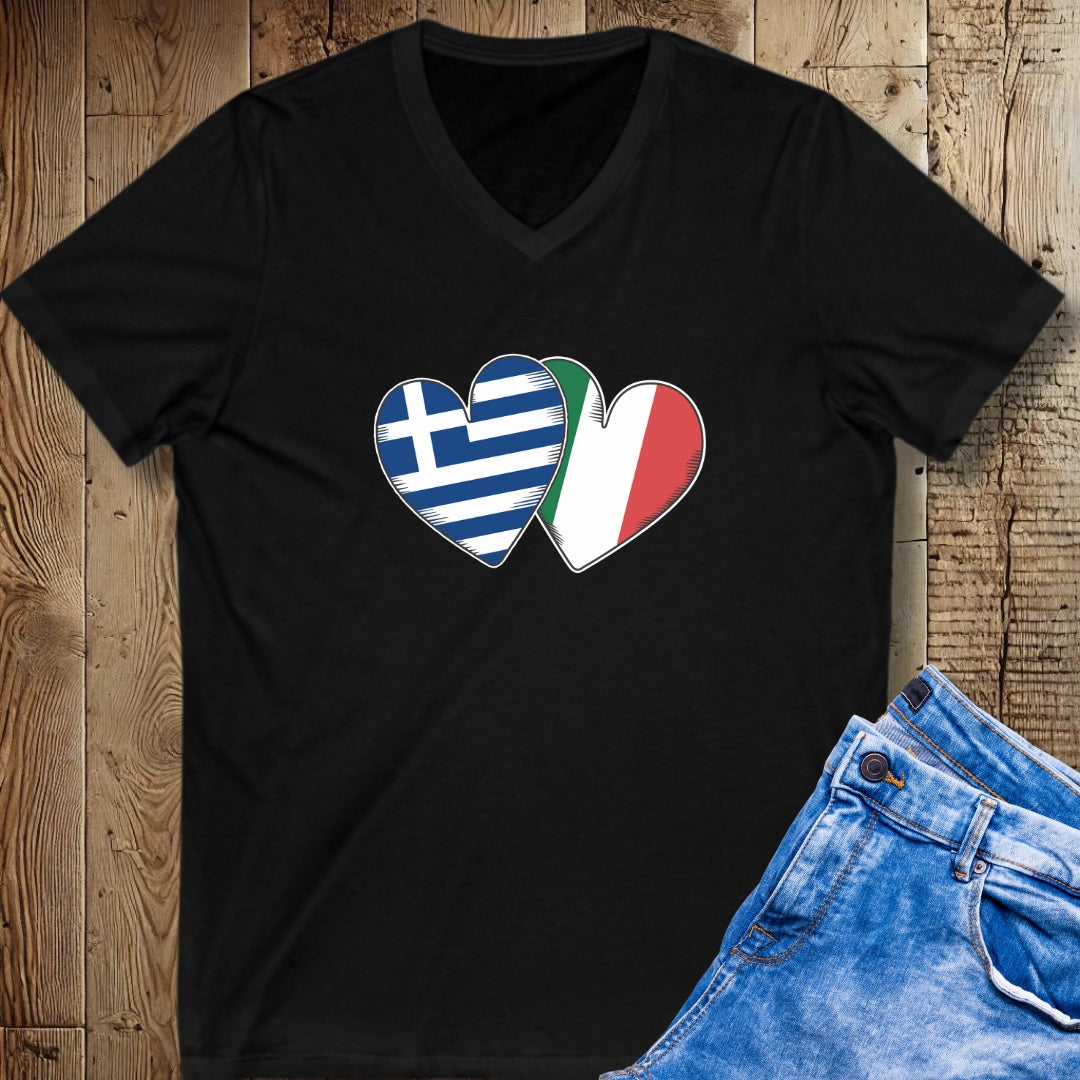 Half Greek Italian Hearts Short Sleeve V-Neck Tee