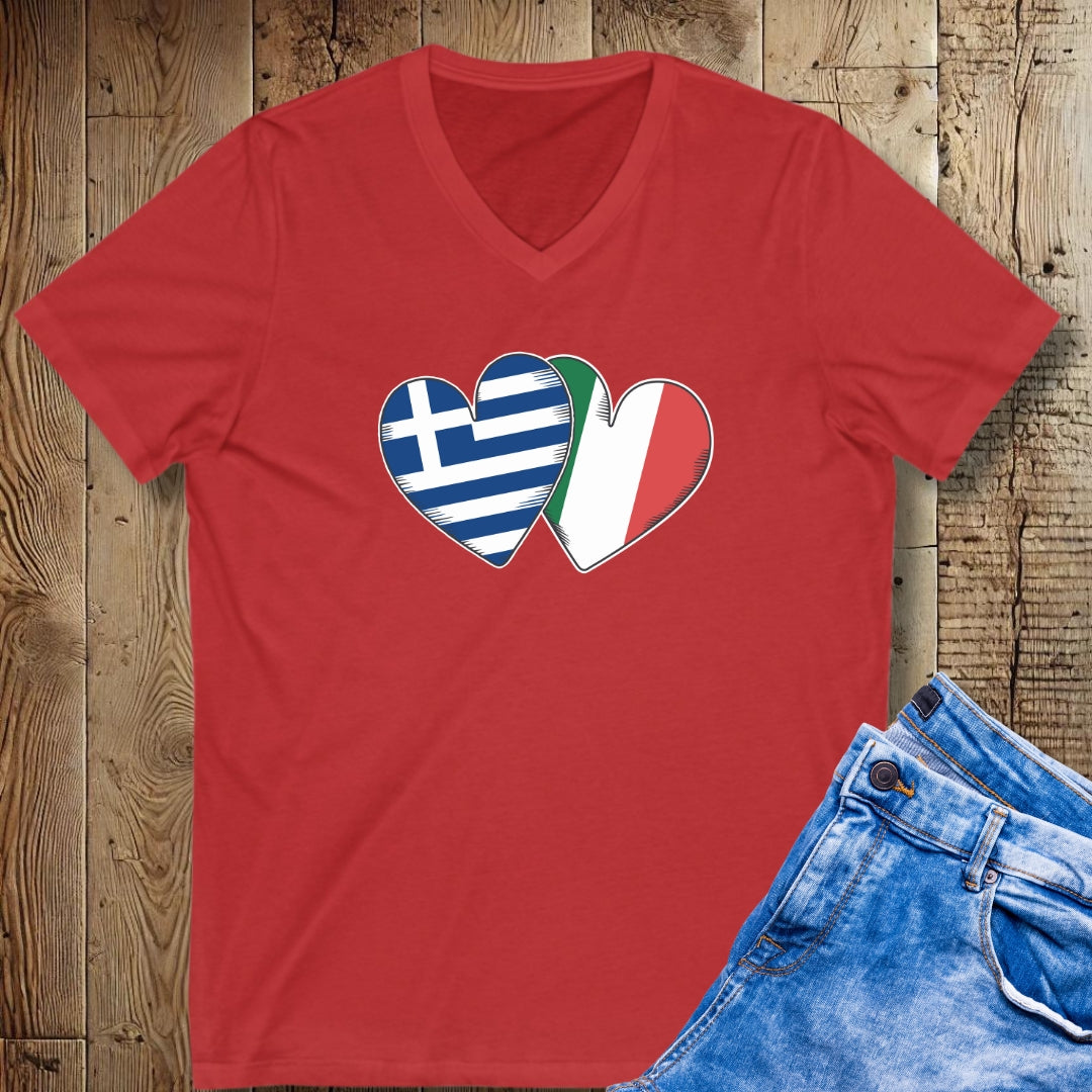 Half Greek Italian Hearts Short Sleeve V-Neck Tee