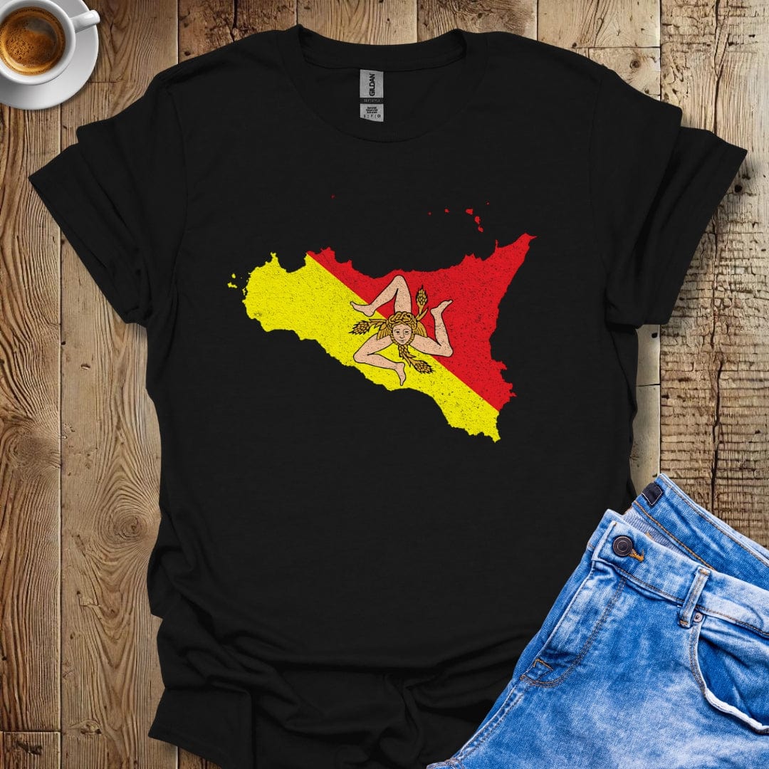 Map Of Sicily with Trinacria Distressed Effect T-shirt