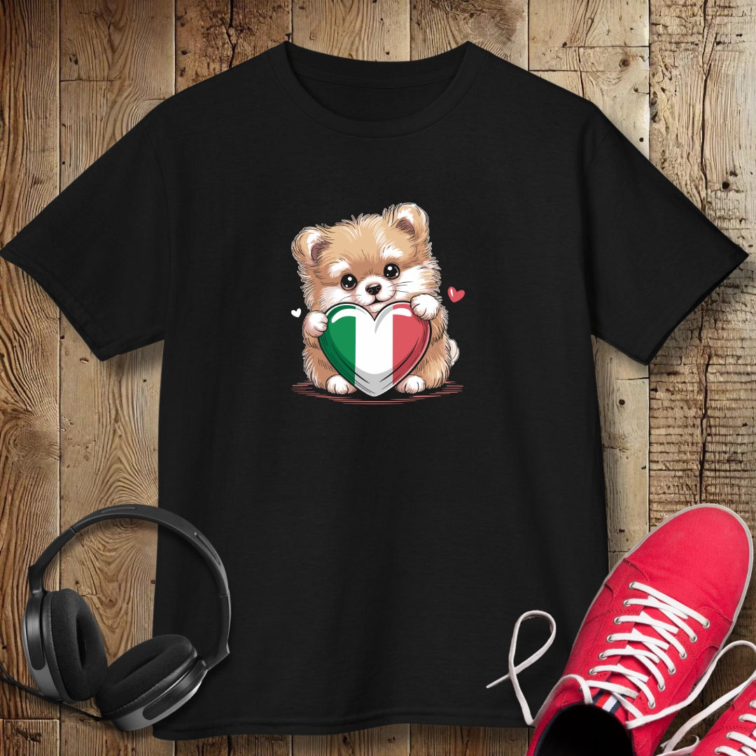 Pomeranian Puppy with Italian Heart Flag Kids Tee