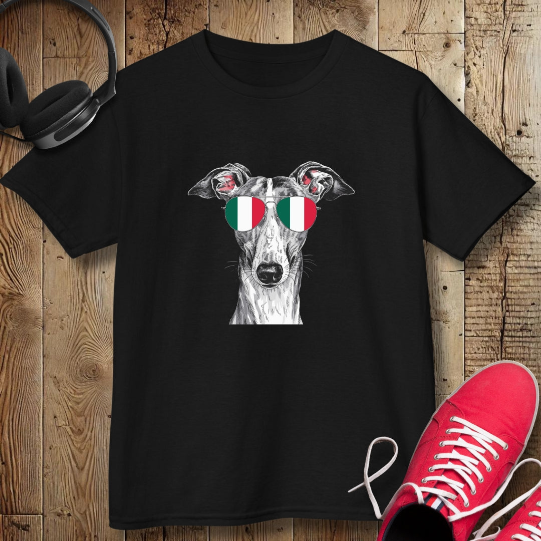 Italian Greyhound with Flag Sunglasses Kids Tee