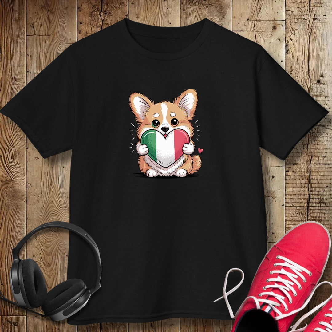Corgi Puppy with Italian Heart Flag Kids Tee