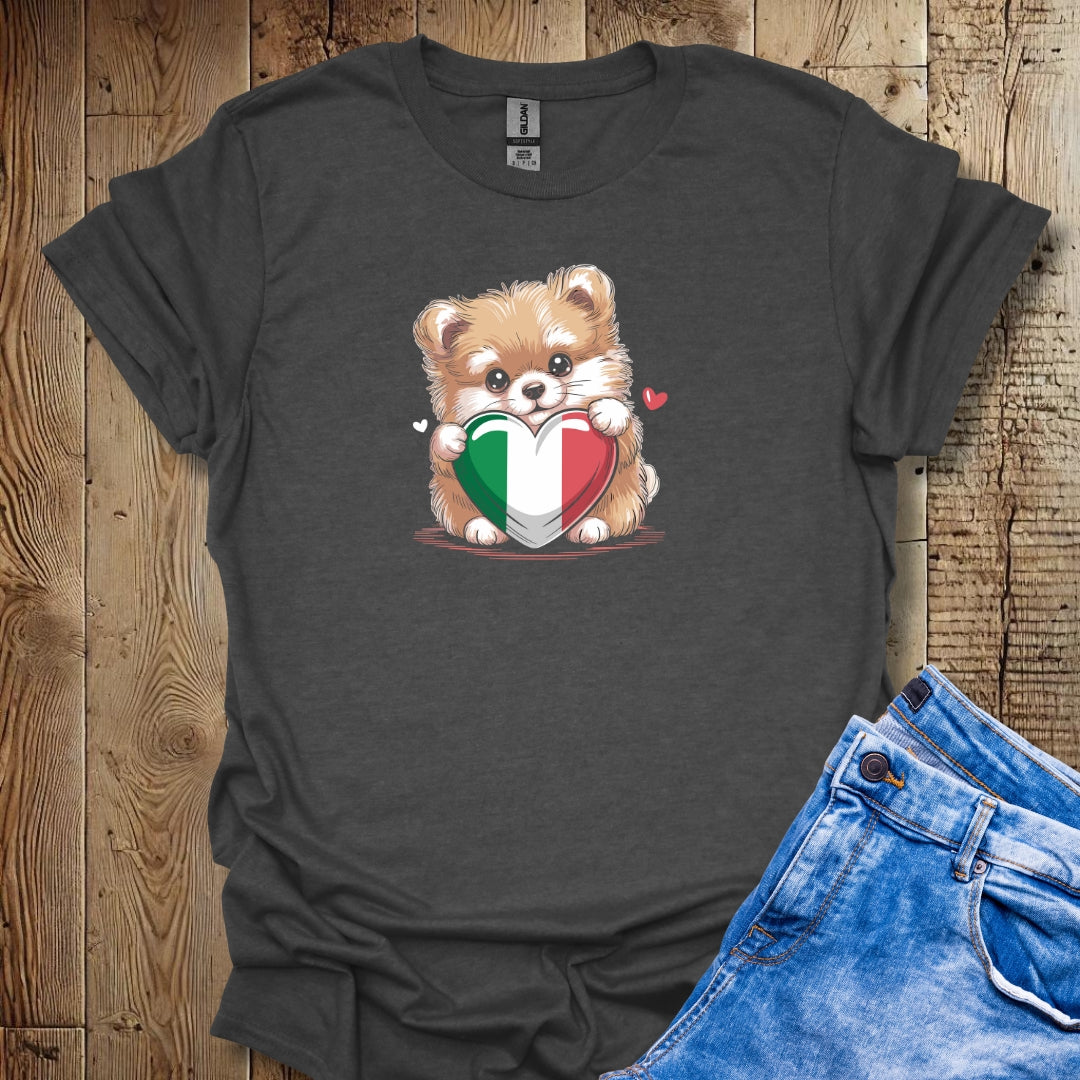 Pomeranian Puppy with Italian Heart Flag T-shirt