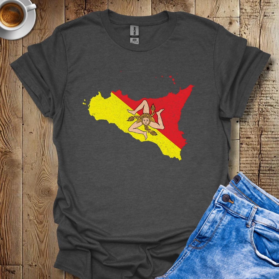 Map Of Sicily with Trinacria Distressed Effect T-shirt
