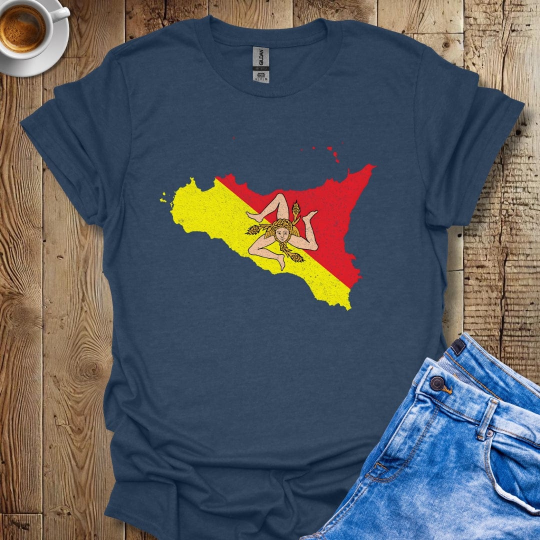 Map Of Sicily with Trinacria Distressed Effect T-shirt