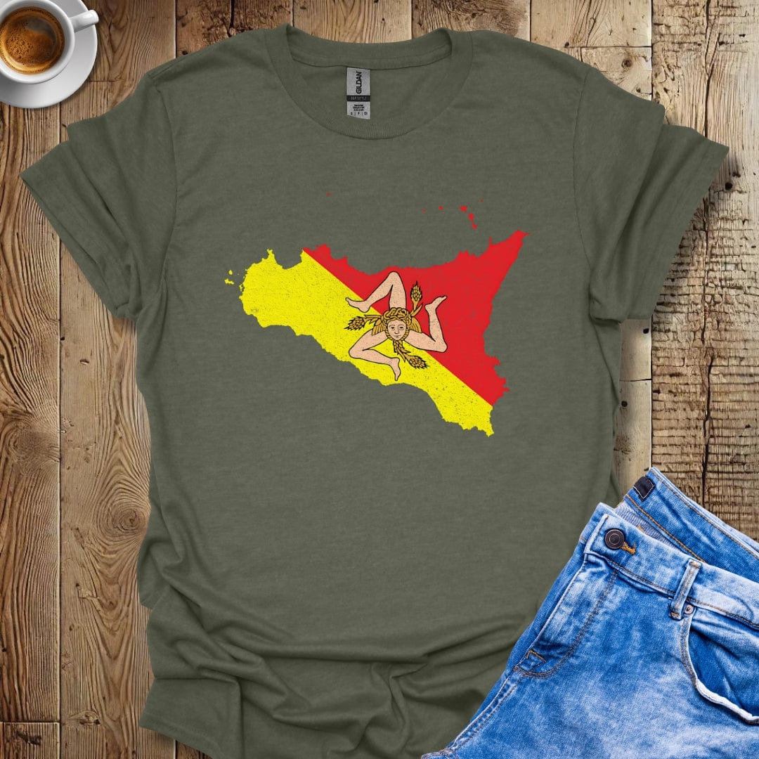 Map Of Sicily with Trinacria Distressed Effect T-shirt