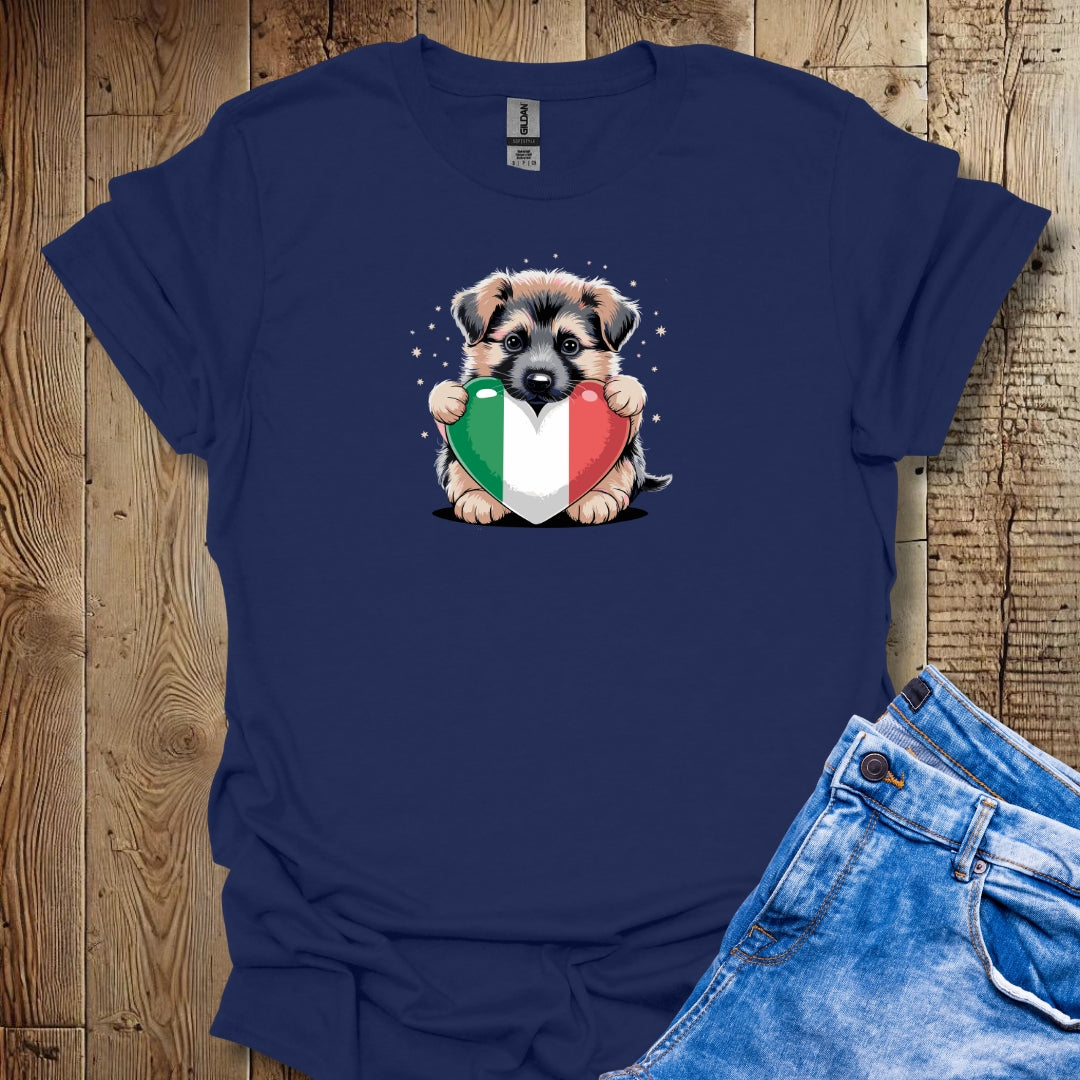 German Shepherd Puppy with Italian Heart Flag T-shirt
