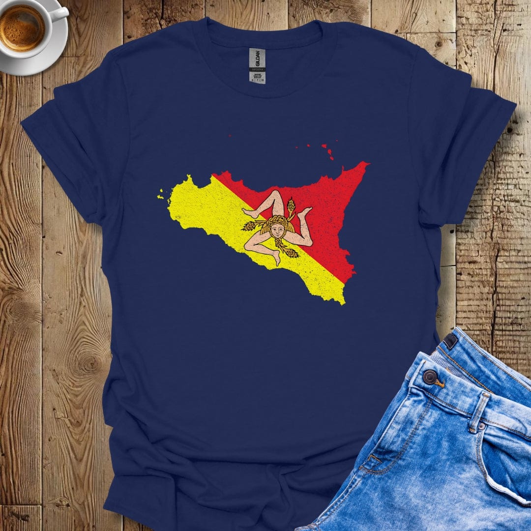 Map Of Sicily with Trinacria Distressed Effect T-shirt