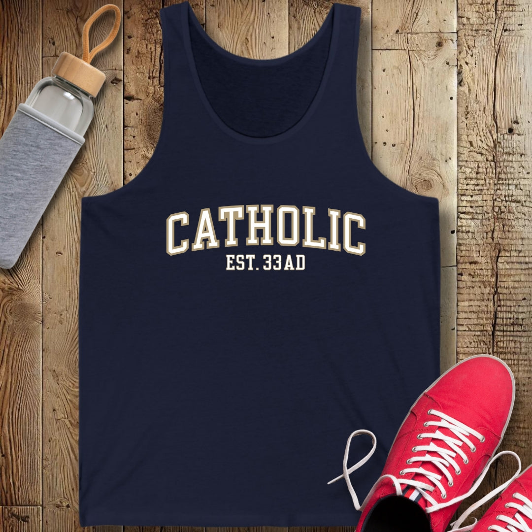 Catholic est 33 AD Unisex Jersey Tank