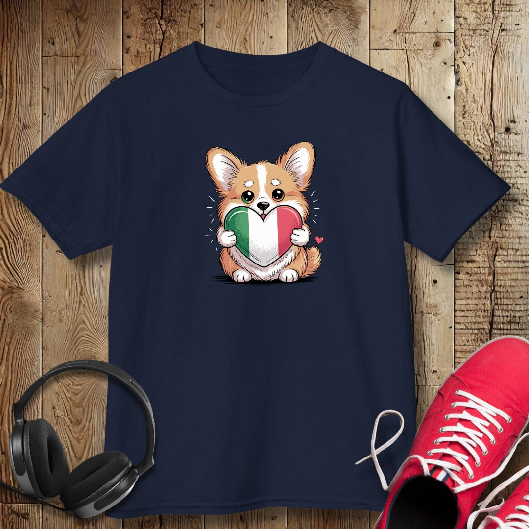 Corgi Puppy with Italian Heart Flag Kids Tee