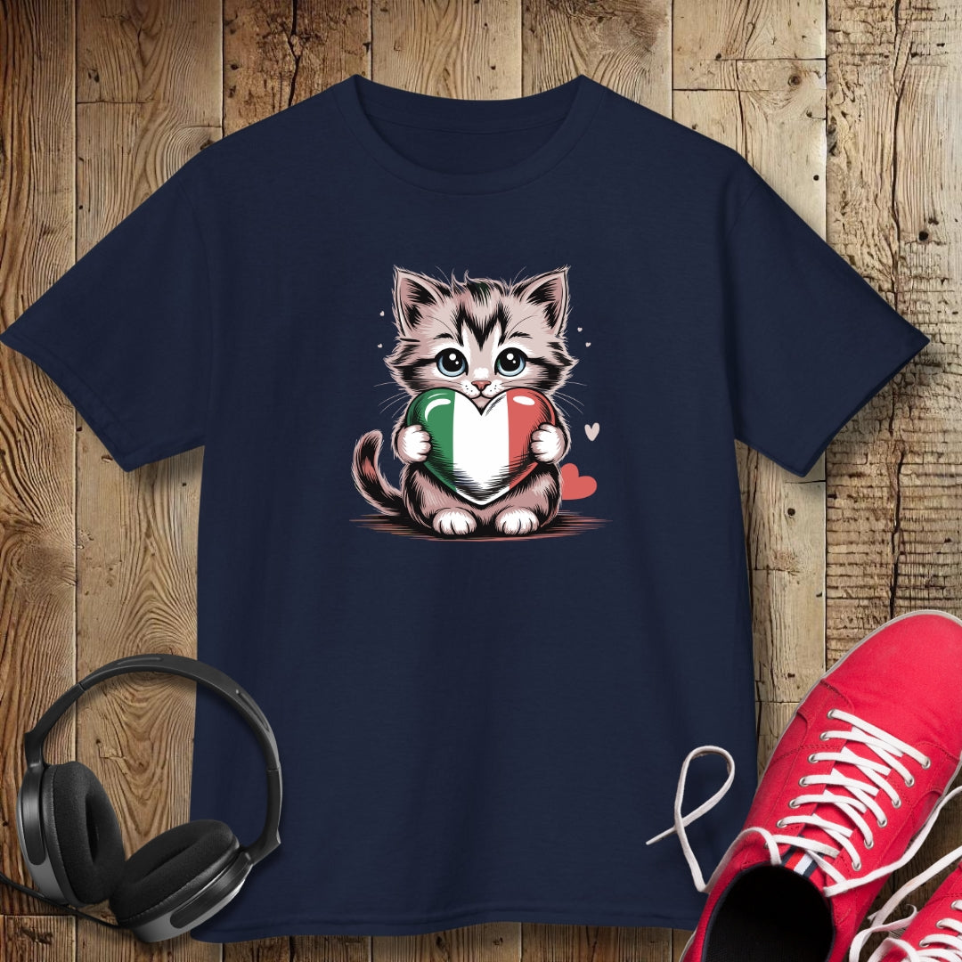 Kitten with Italian Heart Flag Kids Tee