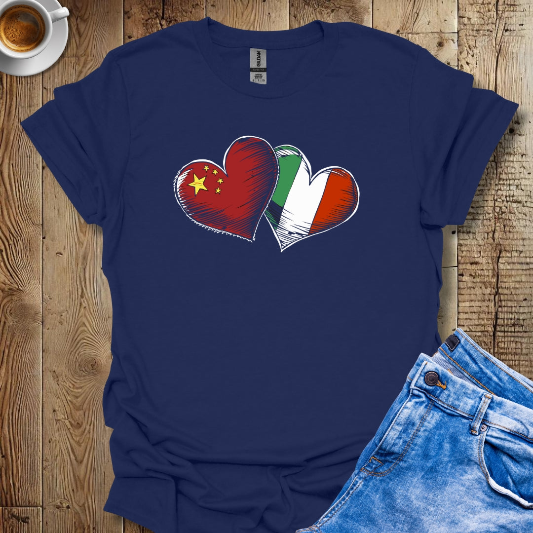 Half Chinese Half Italian Flag Hearts T-Shirt