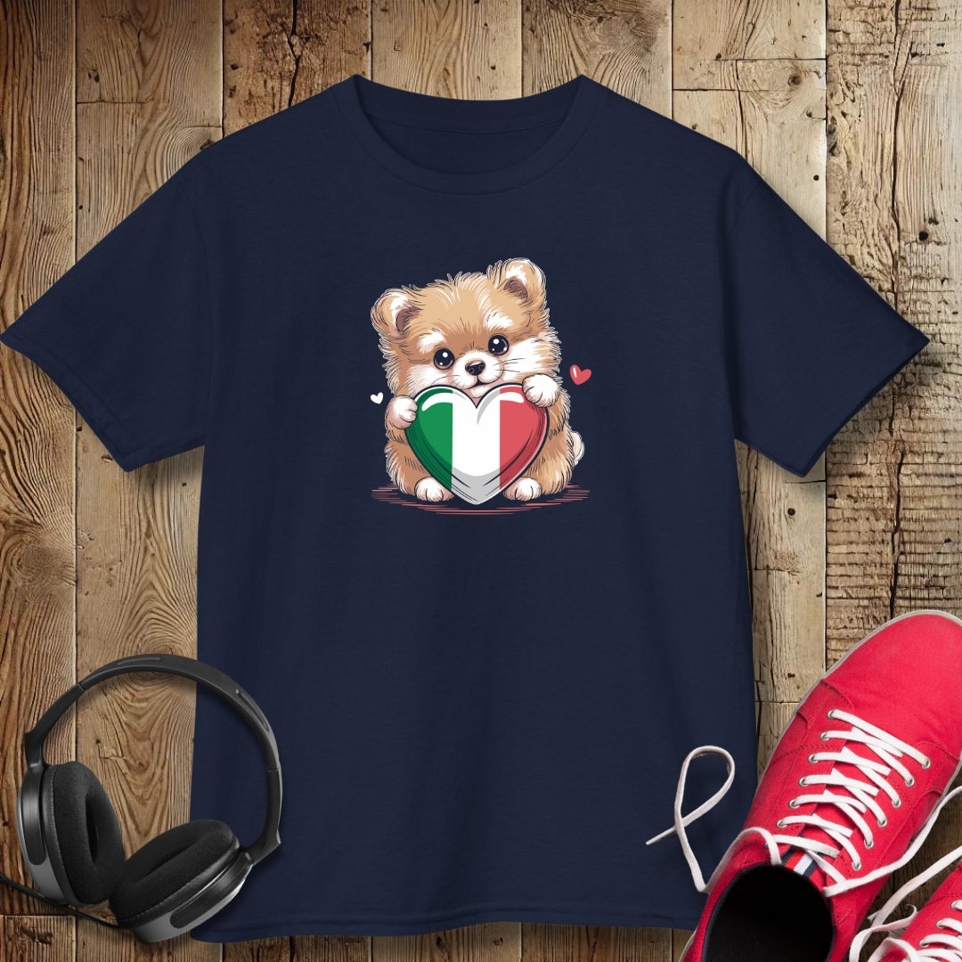 Pomeranian Puppy with Italian Heart Flag Kids Tee