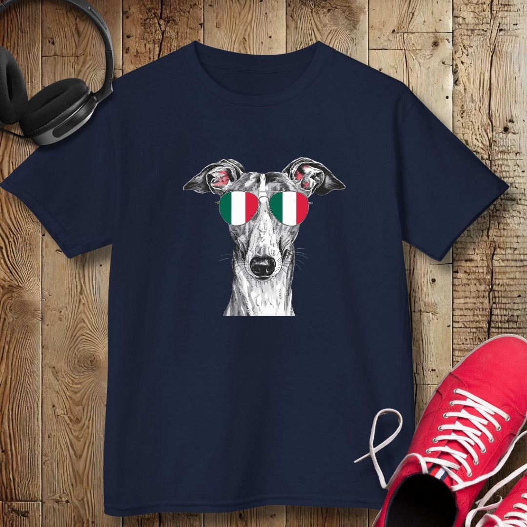 Italian Greyhound with Flag Sunglasses Kids Tee