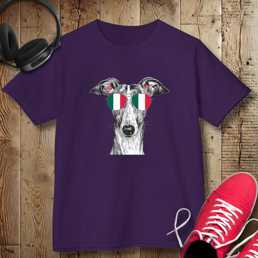Italian Greyhound with Flag Sunglasses Kids Tee