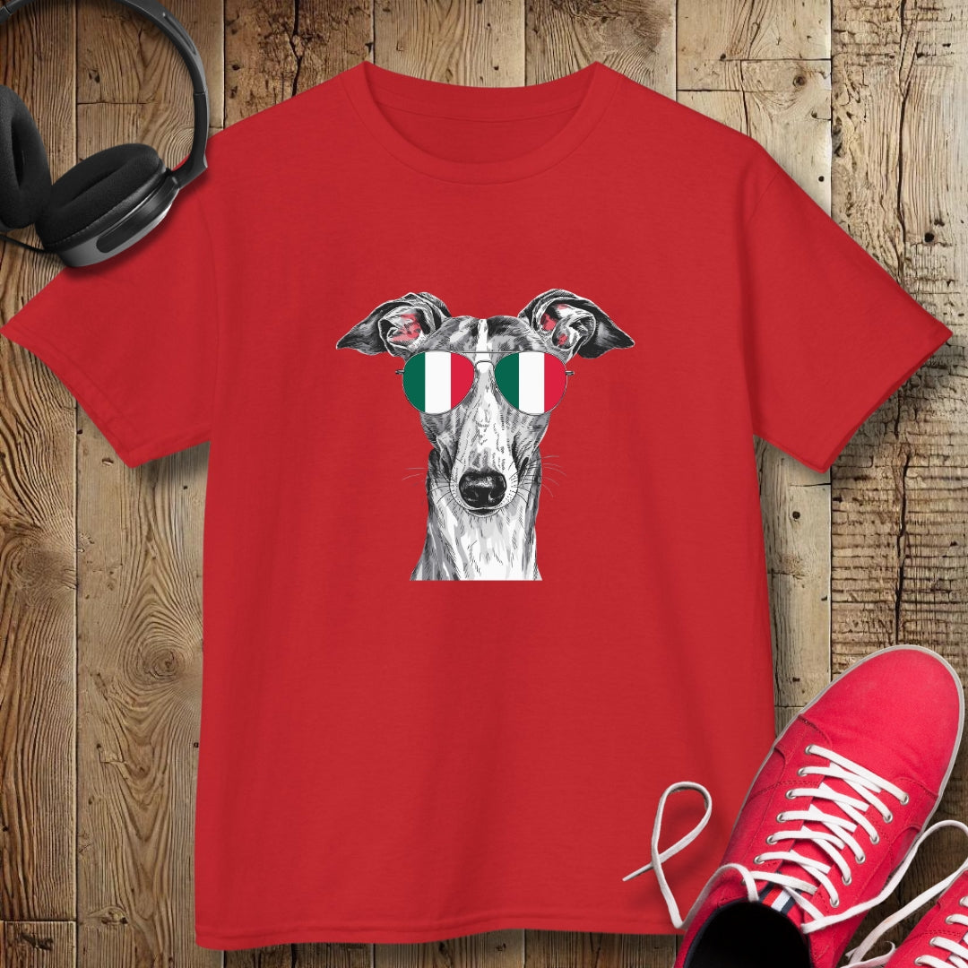 Italian Greyhound with Flag Sunglasses Kids Tee