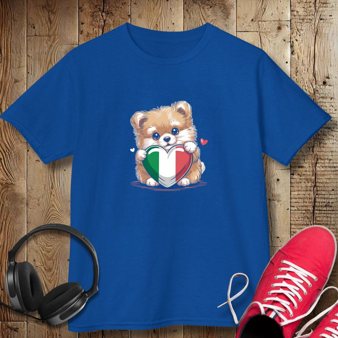 Pomeranian Puppy with Italian Heart Flag Kids Tee