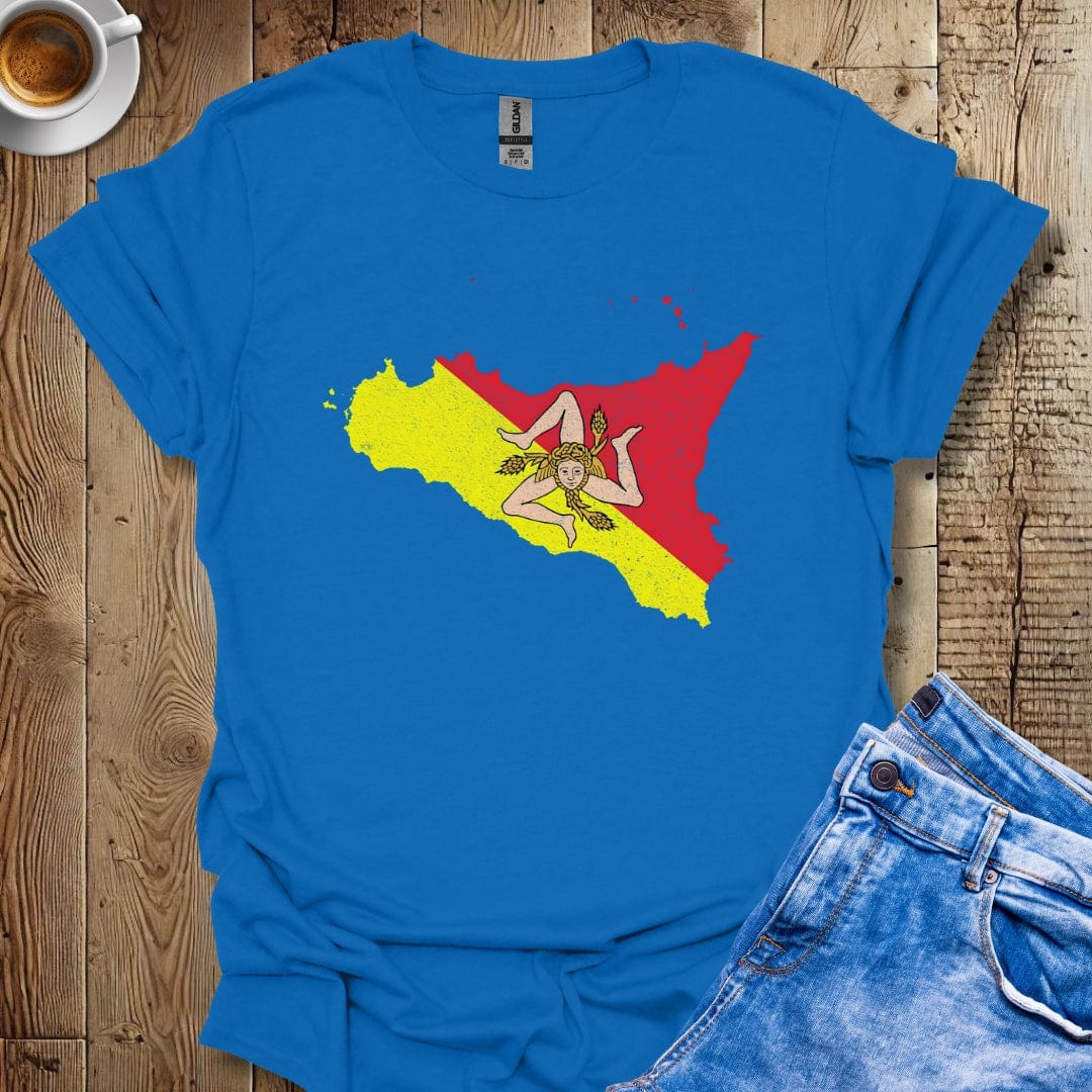Map Of Sicily with Trinacria Distressed Effect T-shirt