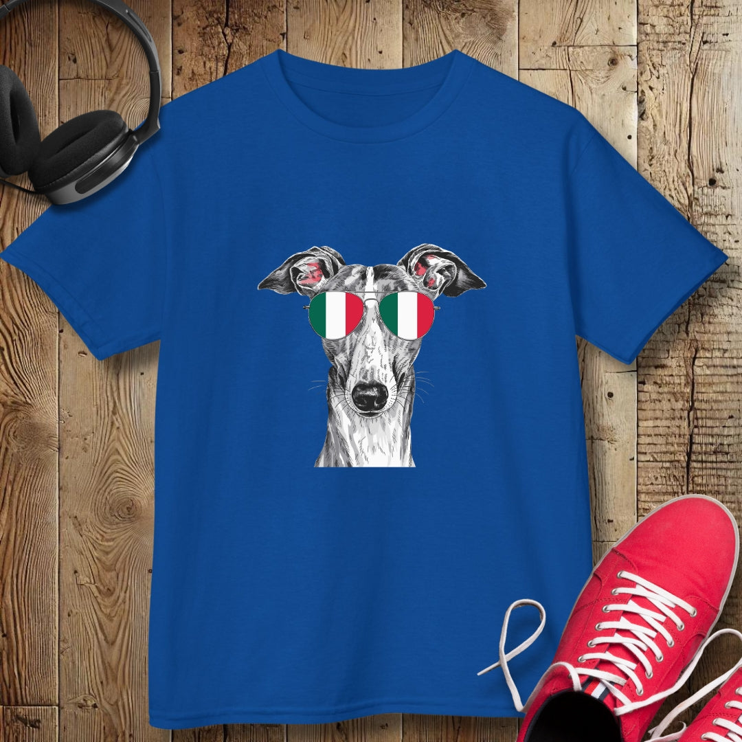 Italian Greyhound with Flag Sunglasses Kids Tee
