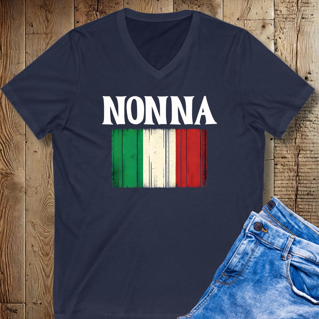 Nonna Distressed Italian Flag Short Sleeve V-Neck Tee
