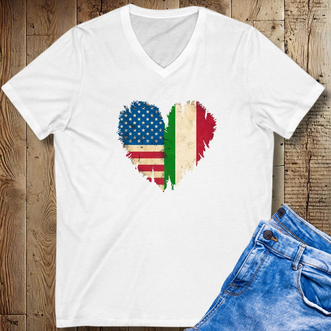 American Flag Italian Heart Short Sleeve V-Neck Tee