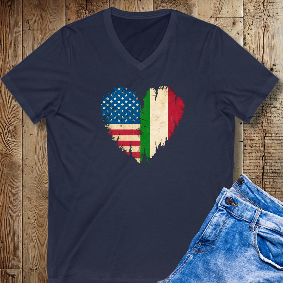 American Flag Italian Heart Short Sleeve V-Neck Tee