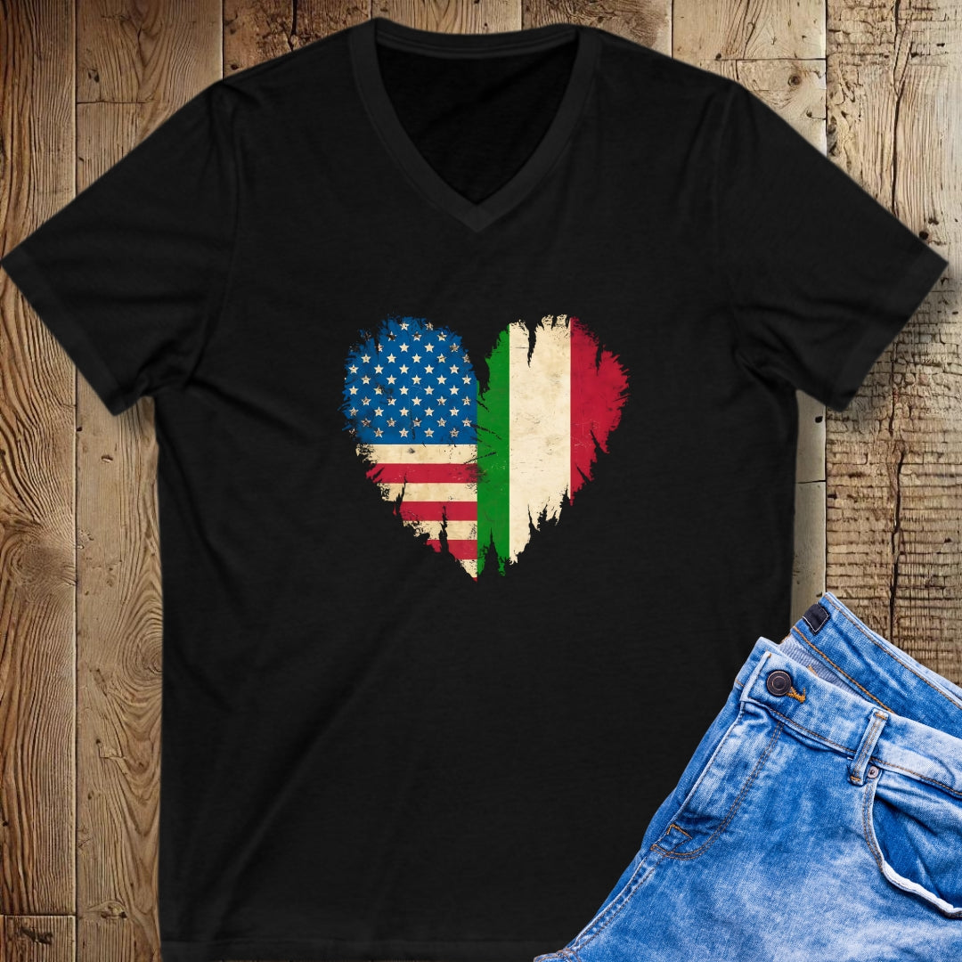 American Flag Italian Heart Short Sleeve V-Neck Tee