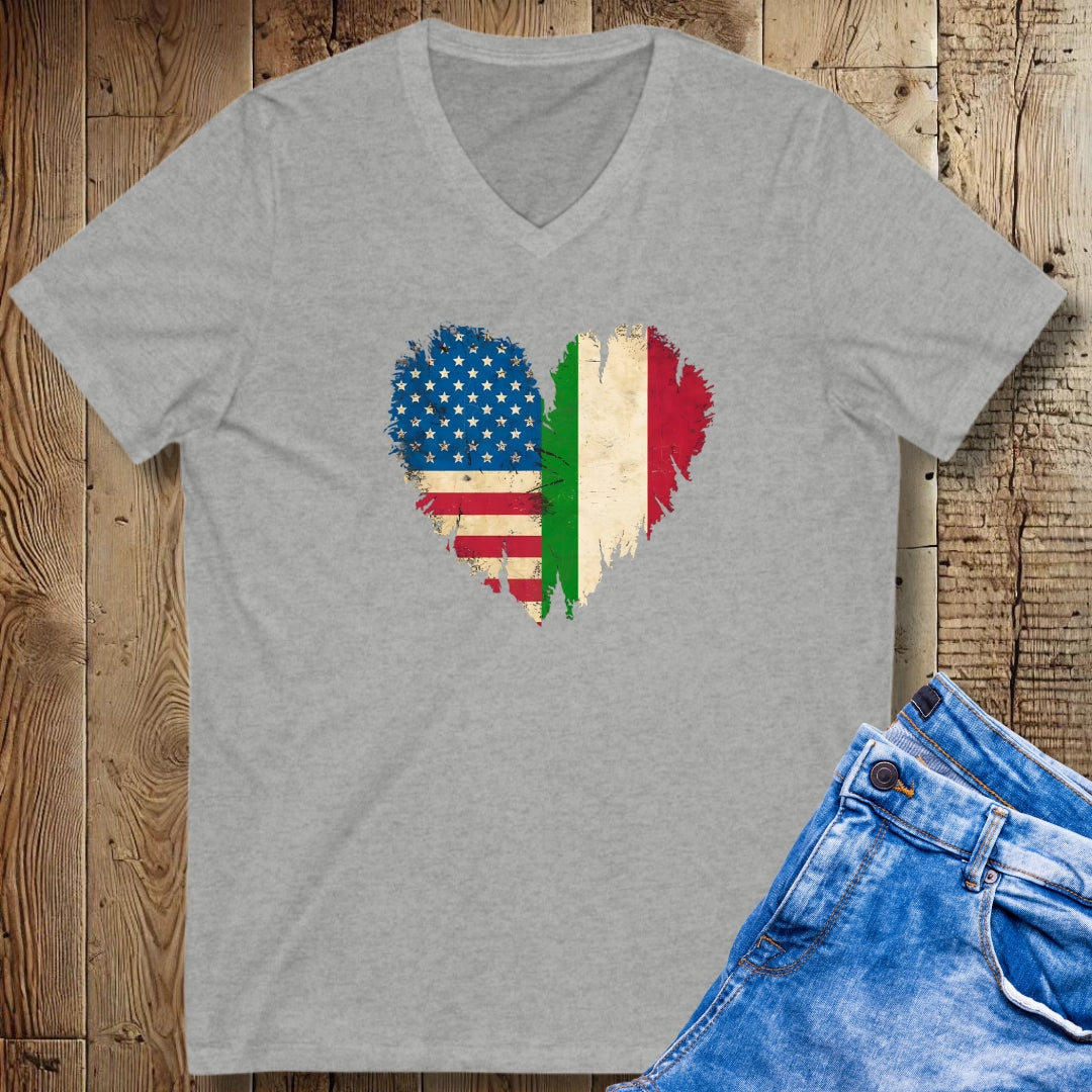 American Flag Italian Heart Short Sleeve V-Neck Tee