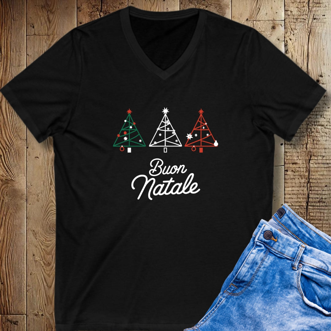 Buon Natale Christmas Tree Italian Flag Colors Short Sleeve V-Neck Tee