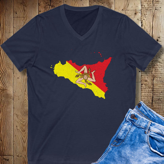 Sicilia Flag Map Trinacria Short Sleeve V-Neck Tee