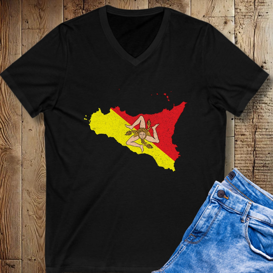 Sicilia Flag Map Trinacria Short Sleeve V-Neck Tee
