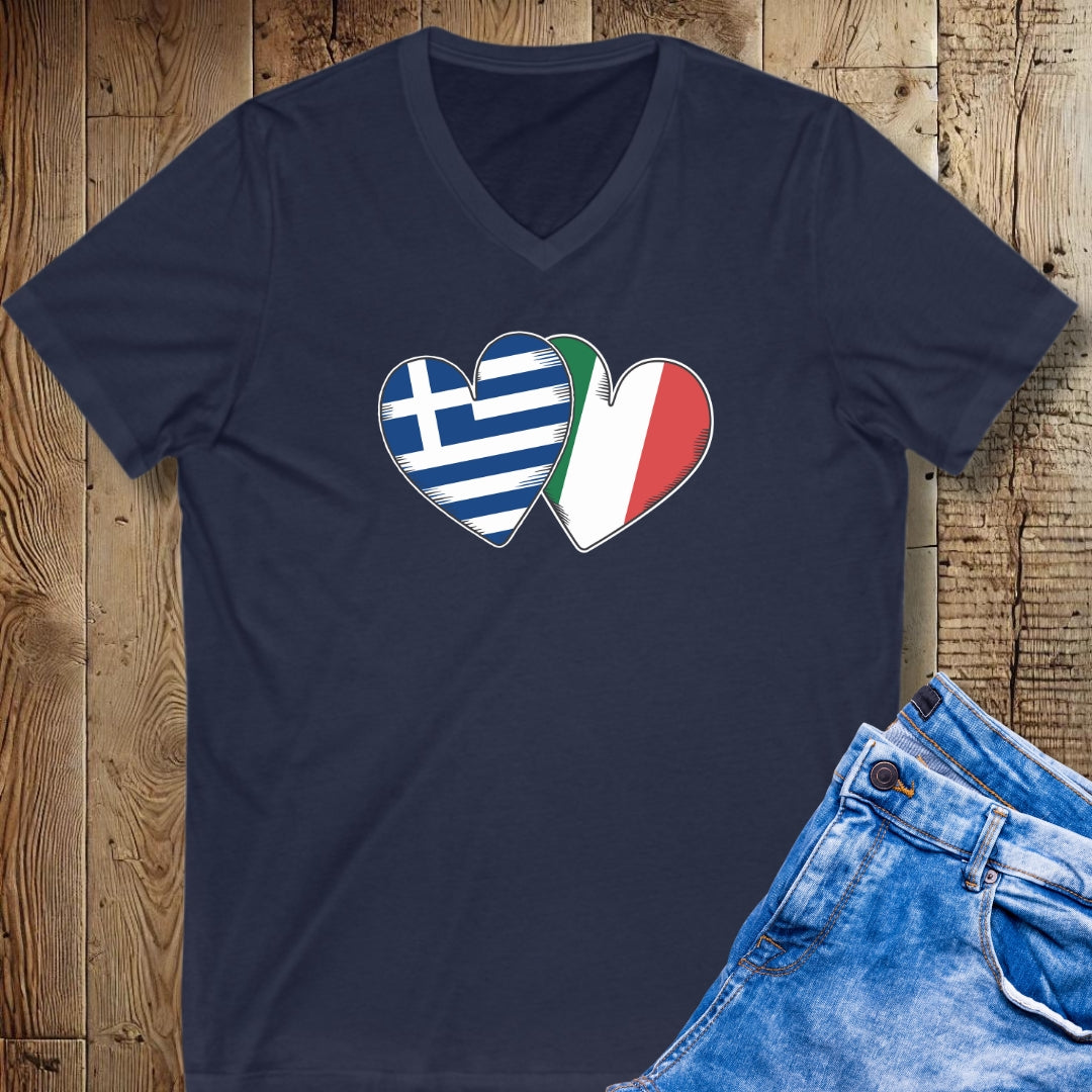 Half Greek Italian Hearts Short Sleeve V-Neck Tee