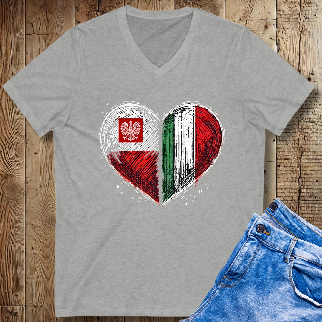 Half Polish Italian Heart Flags Short Sleeve V-Neck Tee