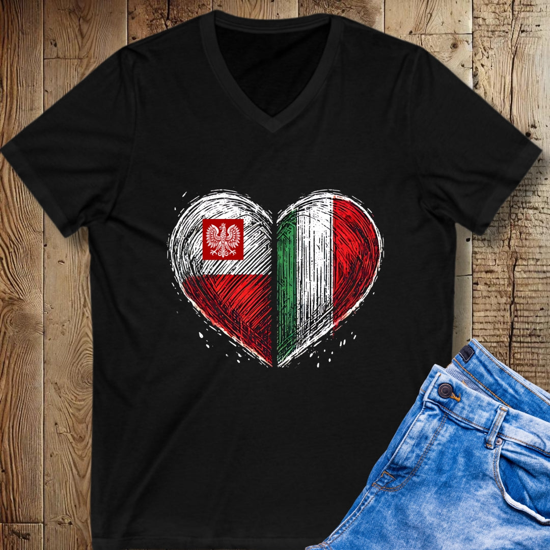 Half Polish Italian Heart Flags Short Sleeve V-Neck Tee