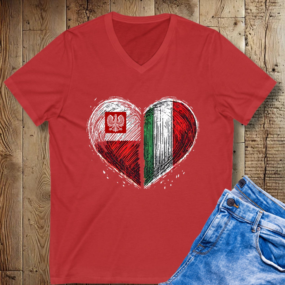 Half Polish Italian Heart Flags Short Sleeve V-Neck Tee