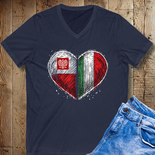 Half Polish Italian Heart Flags Short Sleeve V-Neck Tee