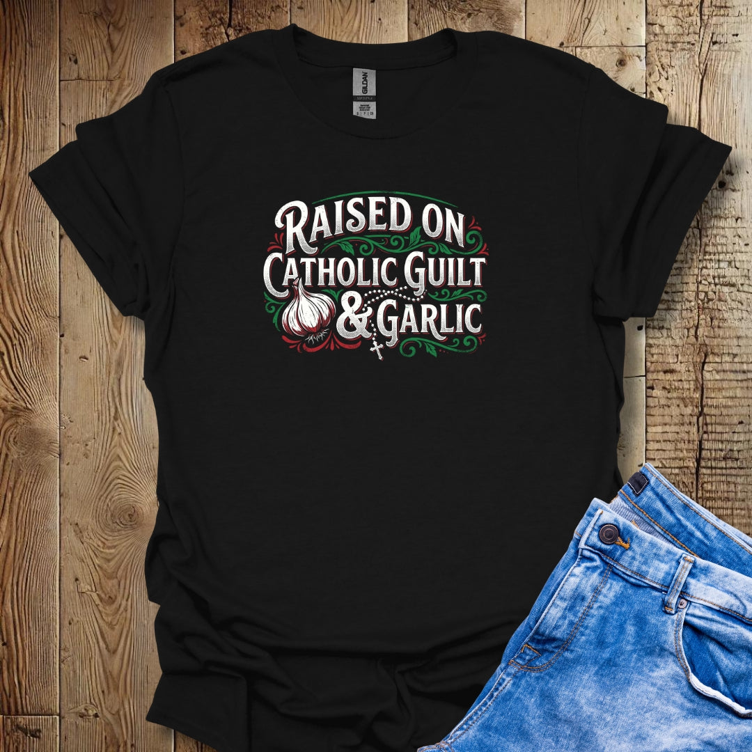 Raised on Catholic Guilt & Garlic Lightweight Unisex T-shirt