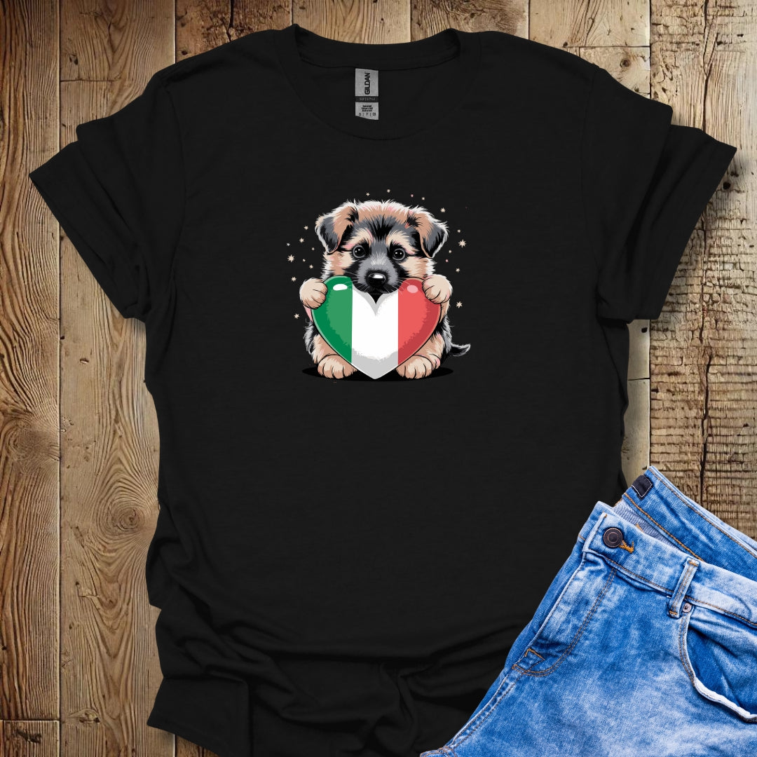 German Shepherd Puppy with Italian Heart Flag T-shirt