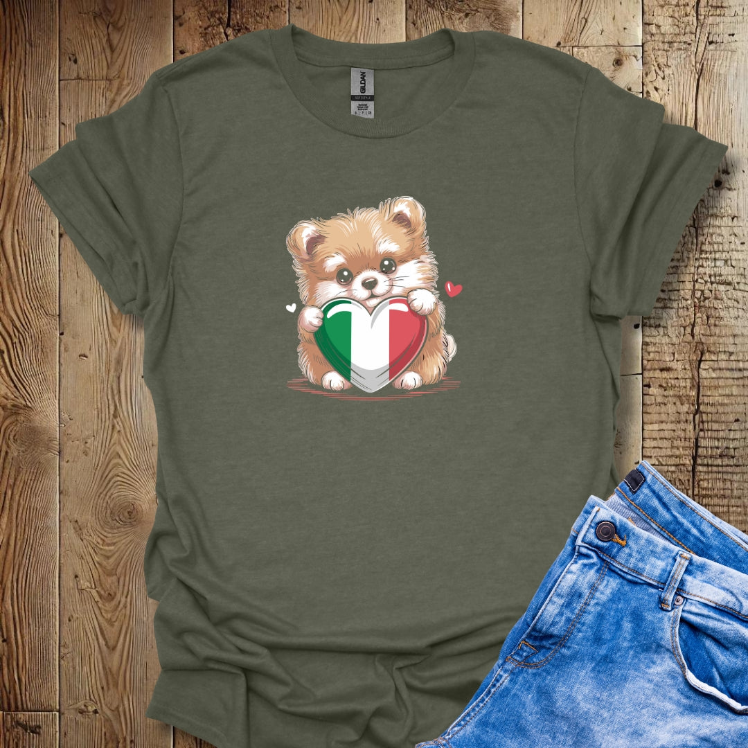 Pomeranian Puppy with Italian Heart Flag T-shirt