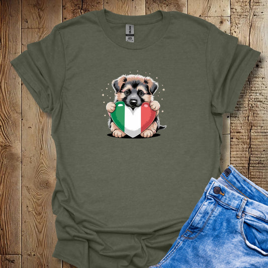 German Shepherd Puppy with Italian Heart Flag T-shirt