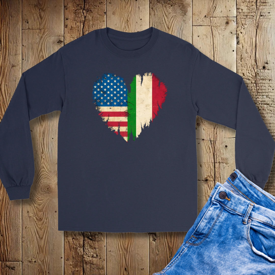 Distressed American Italian Flag Heart Unisex Long Sleeve Tee