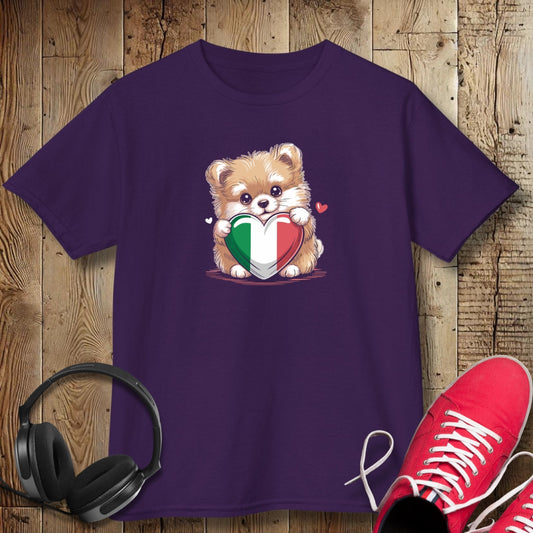 Pomeranian Puppy with Italian Heart Flag Kids Tee