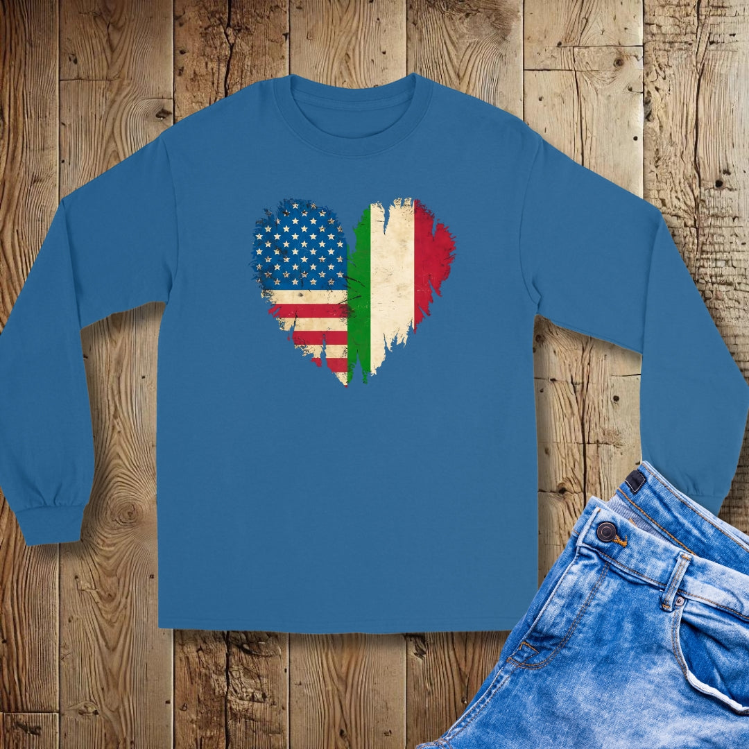 Distressed American Italian Flag Heart Unisex Long Sleeve Tee